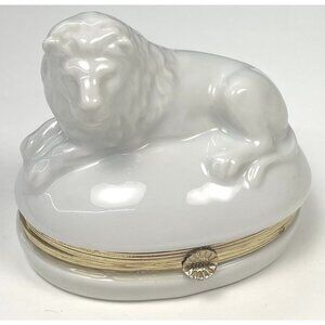 VTG THE HALDON GROUP 3.5" White Porcelain Hinged Lion TRINKET BOX Japan EUC